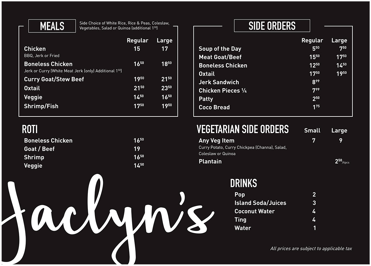 Jaclyns Caribbean Fusion Restaurant Menu